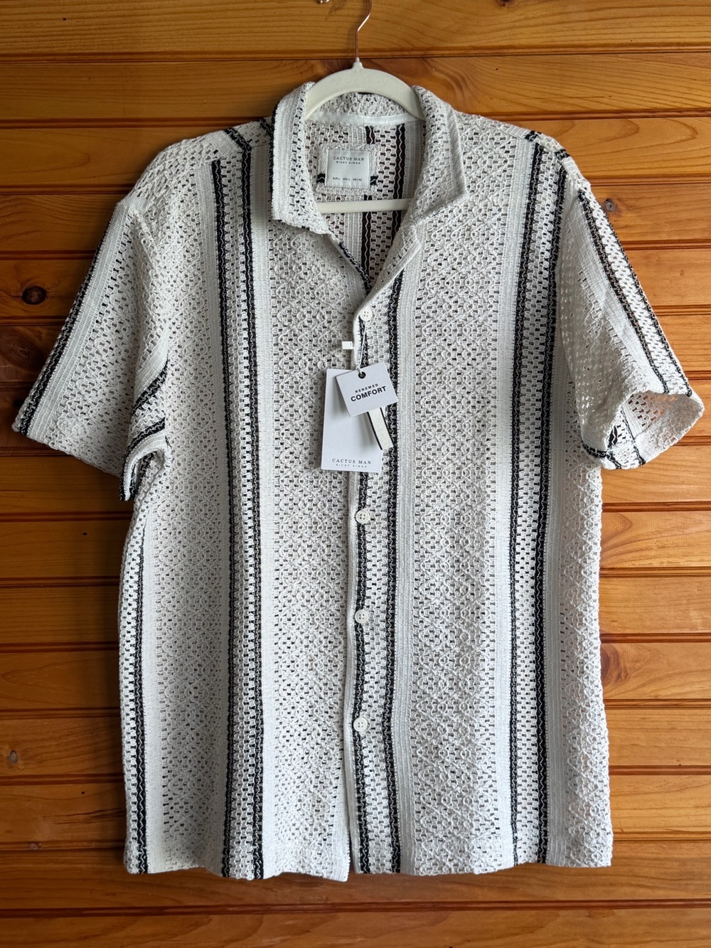 Cactus Man Crochet Shirt L Open Knit Camp Collar Stripe Resort Beach Summer NWT